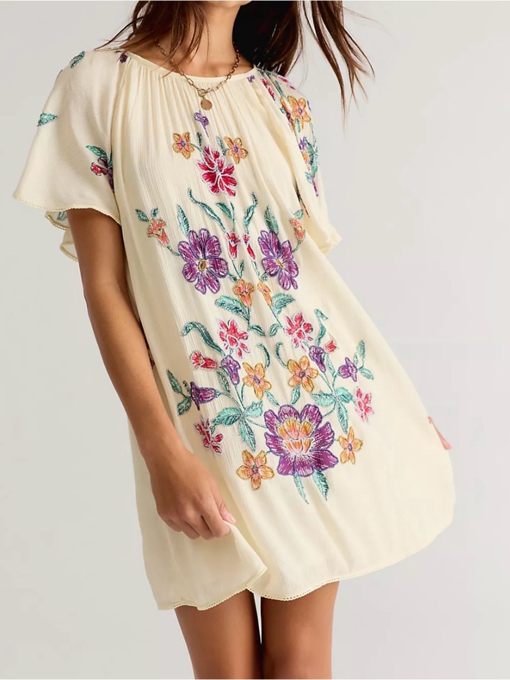Free People Cream Embroidered Floral Mini Dress